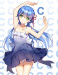  1girl :o absurdres bison_cangshu blue_hair body_writing camisole character_request cowboy_shot green_eyes hair_ribbon highres long_hair looking_at_viewer low_twintails ribbon skirt solo spaghetti_strap thigh_gap twintails very_long_hair zhan_jian_shao_nyu 