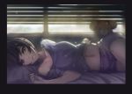  1girl backlighting bare_shoulders bed bed_sheet black_border black_hair border brown_eyes collarbone day dust expressionless half-closed_eyes indoors light_rays looking_at_viewer lying midriff navel on_bed on_side original parted_lips purple_shirt shirt short_hair short_shorts shorts shutter solo stomach stuffed_animal stuffed_toy sunlight teddy_bear yellowpaint. 