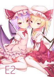  2girls bat_wings blonde_hair blue_hair flandre_scarlet hat irigoma_(jikabi_baisen) looking_at_viewer md5_mismatch multiple_girls pink_eyes remilia_scarlet short_hair siblings simple_background sisters smile thigh-highs touhou white_background white_legwear wings 