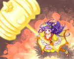  1girl black_hat bow braid bridal_gauntlets brown_background chocokin choker cure_magical food_themed_hair_ornament from_above full_body hair_ornament hairband hammer hat izayoi_liko long_hair magical_girl mahou_girls_precure! mini_hat mini_witch_hat orange_bow orange_legwear pantyhose precure pudding purple_hair red_shoes serious shoes signature skirt solo topaz_style violet_eyes witch_hat yellow_skirt 