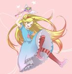  1girl blonde_hair blue_dress blue_eyes boots dress facial_mark full_body gmmrn hairband heart horns long_hair open_mouth pantyhose red_boots smile solo star star_butterfly star_vs_the_forces_of_evil striped striped_legwear wand 