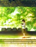  1girl black_hair blurry camera chair commentary depth_of_field light_particles original profile scenery school_uniform serafuku shadow short_hair signature solo sunlight technoheart train_station tree 