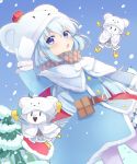  1girl :o arm_up belt belt_buckle belt_pouch blue_dress blue_eyes blue_hair blush buckle capelet creature crown dress fir_tree gloves kiyu_mashi looking_at_viewer ole_tower outstretched_arms parted_lips plant pocket pom_pom_(clothes) snow_scoop_(ole_tower) snowing standing tareme tree triangle_mouth yellow_gloves 