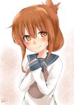  1girl blush brown_hair folded_ponytail hands_on_own_chest highres inazuma_(kantai_collection) kantai_collection logical long_hair long_sleeves looking_at_viewer orange_eyes school_uniform simple_background solo 