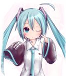  1girl akino_coto aqua_eyes aqua_hair detached_sleeves hatsune_miku highres long_hair one_eye_closed oversized_clothes solo twintails very_long_hair vocaloid 