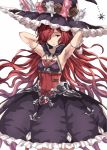  1girl anna_(granblue_fantasy) armpits arms_behind_head arms_up breasts candle dress frills gloves granblue_fantasy hair_over_one_eye hat jewelry long_hair open_mouth rasahan redhead simple_background solo very_long_hair white_gloves witch witch_hat 
