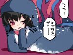  1girl asymmetrical_wings black_hair bow chin_rest commentary_request costume hammer_(sunset_beach) houjuu_nue looking_at_viewer lying on_stomach one_eye_closed red_eyes solo touhou translated whale_shark wings 
