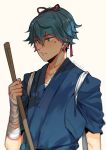  1boy arm_wrap blue_eyes blue_hair broom japanese_clothes male_focus mon ponytail sayo_samonji solo touken_ranbu upper_body 