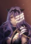  1girl artist_name asymmetrical_clothes breasts camilla_(fire_emblem_if) circlet cleavage closed_mouth dappled_sunlight dust fire_emblem fire_emblem_if gradient gradient_background hair_over_one_eye large_breasts light lips long_hair looking_at_viewer portrait purple_hair rosuuri shade shoulder_pads smile solo strap_cleavage sunlight upper_body violet_eyes watermark web_address 