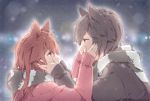  1boy 1girl absurdres animal_ears artist_name brown_eyes brown_hair cat_ears coat eye_contact from_side fur_trim grey_eyes grey_hair hands_on_another&#039;s_face highres lm_(linmiu39) long_hair looking_at_another original profile scarf short_hair signature sleeves_past_wrists upper_body 