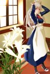  1girl adjusting_headwear anna_(sennen_sensou_aigis) black_legwear flower hands_raised imazui_(sasachi) indoors lily_(flower) long_hair maid red_eyes sennen_sensou_aigis shoes silver_hair solo standing white_shoes window 