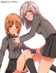  2girls bangs black_legwear black_skirt blue_eyes blush breasts brown_eyes brown_hair girls_und_panzer hand_on_another&#039;s_knee itsumi_erika long_hair long_sleeves looking_back mataichi_matarou multiple_girls nishizumi_miho open_mouth pleated_skirt school_uniform serafuku short_hair silver_hair simple_background sitting skirt socks twitter_username uniform white_background 