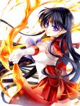  1girl bishoujo_senshi_sailor_moon black_hair bow bow_(weapon) cowboy_shot earrings elbow_gloves fire gloves hino_rei jewelry long_hair looking_at_viewer magical_girl mars_flame_sniper purple_bow red_bow red_skirt sailor_mars shirataki_kaiseki signature skirt smile solo star star_earrings tiara violet_eyes weapon white_background white_gloves 