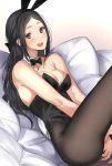  1girl :d animal_ears black_hair bow bowtie brown_eyes bunny_tail bunnysuit covering covering_crotch detached_collar fang fishnet_pantyhose fishnets long_hair mole mole_under_eye open_mouth original pantyhose rabbit_ears smile solo tail tsukino_wagamo wrist_cuffs 
