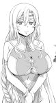  1girl asanagi blush braid breasts character_request dress greyscale huge_breasts monochrome smile solo source_request 
