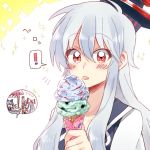  ! +++ 3girls blue_hair blush cirno commentary eating fujiwara_no_mokou hat ice_cream_cone kamishirasawa_keine long_hair multicolored_hair multiple_girls red_eyes sidelocks silver_hair six_(fnrptal1010) solo_focus sparkle sparkling_eyes spoken_exclamation_mark stall tongue tongue_out touhou two-tone_hair upper_body wrapper 