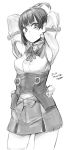  1girl armpit_cutout armpits arms_behind_head bangs blunt_bangs bow character_request commentary_request copyright_request dated greyscale koutetsujou_no_kabaneri looking_at_viewer monochrome mumei_(kabaneri) shirt sigama sketch skirt solo thigh-highs translation_request 