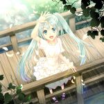  1girl akane_hazuki album_cover aqua_eyes aqua_hair arm_up collarbone cover dress from_above grass hatsune_miku highres long_hair nature open_mouth petals river smile solo twintails very_long_hair vocaloid white_dress 