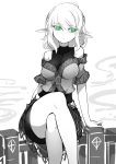  1girl bangs bare_shoulders breasts closed_mouth collarbone crossed_legs green_eyes highres looking_away mizuhashi_parsee monochrome off_shoulder pointy_ears raptor7 short_hair sitting skirt solo spot_color touhou 