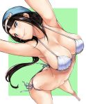  1girl arms_up bangs barefoot bikini black_hair blue_eyes breasts cleavage closed_mouth collarbone downpants eyelashes from_above hai_ookami halterneck highres large_breasts lipstick long_hair looking_at_viewer makeup mouth_hold navel original side-tie_bikini smile solo stomach strap_gap string_bikini swimsuit very_long_hair white_bikini 