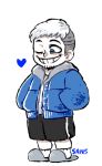  1boy blue_eyes grin hands_in_pockets heart hood hoodie one_eye_closed personification sans shorts slippers smile solo teeth tldalrha undertale white_hair 