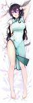  1girl absurdres ahoge barefoot beifeng_han black_hair breasts china_dress chinese_clothes dress floral_print hair_between_eyes highres large_breasts looking_at_viewer miyaura_sanshio open_mouth original side_slit solo violet_eyes 