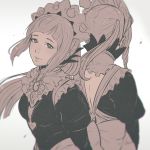  2girls artist_name back bangs bow_(weapon) felicia_(fire_emblem_if) fire_emblem fire_emblem_if flora_(fire_emblem_if) grey_background koyorin long_hair maid maid_headdress monochrome multiple_girls ponytail siblings simple_background sisters twintails watermark weapon web_address 