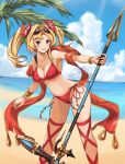  1girl armpits bare_shoulders beach bikini blonde_hair breasts cleavage clouds cloudy_sky collarbone eruthika flower granblue_fantasy hair_flower hair_ornament holding holding_weapon large_breasts leaf looking_at_viewer navel open_mouth red_bikini sand side-tie_bikini sky smile solo standing stomach sunglasses sunglasses_on_head swimsuit tsurime twintails water zeta_(granblue_fantasy) 
