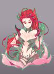  1girl aa2233a breasts cleavage highres leaf_bra league_of_legends long_hair looking_at_viewer midriff monster_girl navel plant red_eyes redhead sketch smile solo thorns upper_body vines zyra 