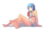  1girl arm_support barefoot bikini blue_hair drinking_straw feet huazang legs long_hair navel red_eyes shadow simple_background sitting soles solo striped striped_bikini swimsuit toes white_background 