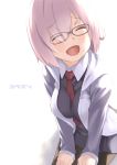  1girl artist_name fate/grand_order fate_(series) glasses hair_over_one_eye necktie open_mouth purple_hair shielder_(fate/grand_order) short_hair simple_background sitting smile solo white_background yuuzii 