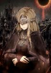  1girl absurdres blonde_hair capelet commentary dark_souls_iii fine_art_parody fire_keeper highres iima mask mona_lisa parody solo souls_(from_software) upper_body 