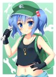  1girl backpack bag bangs bare_shoulders black_gloves blue_eyes blue_hair blush collarbone gloves hair_bobbles hair_ornament hand_on_hip hand_up hat highres houkiboshi kawashiro_nitori key looking_at_viewer midriff navel small_breasts smile solo tank_top touhou two_side_up upper_body wrench 