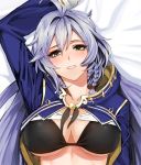  1girl angelo_(gomahangetsu) arm_at_side arm_up black_bra blush bra braid breasts cape granblue_fantasy hair_between_eyes large_breasts looking_at_viewer midriff parted_lips shirt_lift silva_(granblue_fantasy) smile solo twin_braids under_boob underwear yellow_eyes 