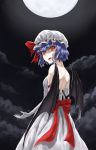  1girl absurdres adapted_costume alternate_costume atkdog back bare_shoulders bat_wings clouds dress elbow_gloves fangs from_behind gloves hat hat_ribbon highres looking_at_viewer looking_back mob_cap moon night night_sky open_mouth red_eyes remilia_scarlet ribbon sash short_hair sky solo strapless strapless_dress touhou white_dress white_gloves wings 