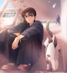  1boy 1girl :o akiyoshi_(tama-pete) animal bag black_hair blue_eyes blurry brown_hair building cat cherry_blossoms dark_skin depth_of_field geta hakama hattori_heiji japanese_clothes kendo long_hair long_sleeves looking_at_another looking_at_viewer looking_to_the_side meitantei_conan petals ponytail school_uniform serafuku shade sitting sitting_on_stairs skirt skirt_lift sky solo_focus stairs tooyama_kazuha tree waiting walking weapon_bag wind wind_lift 