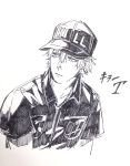  1boy bou_(maimoca501) greyscale hair_between_eyes hat hataraku_saibou monochrome shirt_pocket simple_background solo t_cell uniform upper_body white_blood_cell 