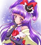  1girl absurdres black_gloves black_hat bow capelet cure_magical gloves hair_bow hand_on_own_face hat highres izayoi_liko long_hair magical_girl mahou_girls_precure! mini_hat mini_witch_hat precure purple_hair red_bow sharumon solo upper_body violet_eyes witch_hat 