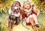  2girls :d ^_^ animal_ears blonde_hair closed_eyes fire_emblem fire_emblem_if fox_ears from_above gloves grass grey_hair hood kinu_(fire_emblem_if) leaf multiple_girls official_art on_ground open_mouth red_eyes sitting smile tree_branch velour_(fire_emblem_if) wolf_ears 