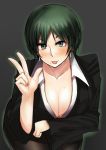  1girl ayakumo bent_over blazer blush breasts cleavage collarbone earrings green_eyes green_hair jacket jewelry large_breasts miniskirt mole mole_on_breast mole_under_mouth original pose shirt short_hair skirt solo tongue tongue_out 