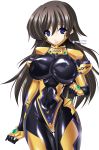  1girl absurdres ass_visible_through_thighs blush bodysuit breasts brown_hair covered_navel covered_nipples hair_ribbon highres large_breasts long_hair muvluv muvluv_alternative muvluv_total_eclipse parted_lips pilot_suit ribbon shiny shiny_clothes simple_background skin_tight solo standing takamura_yui teeth very_long_hair violet_eyes white_background yakkey 