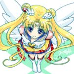  1girl bishoujo_senshi_sailor_moon blonde_hair blue_eyes boots brooch crescent double_bun eternal_sailor_moon facial_mark forehead_mark full_body hair_ornament hairpin jewelry knee_boots layered_skirt long_hair lowres magical_girl perspective sailor_moon shirataki_kaiseki signature smile solo tsukino_usagi twintails white_boots white_wings wings 