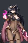  1girl bangs black_hair blunt_bangs bodysuit book bracelet breasts cape cleavage covered_navel fire_emblem fire_emblem:_kakusei groin hair_ornament heart highres jewelry kaori_hero long_hair looking_at_viewer magic simple_background smile solo standing tharja tiara two_side_up violet_eyes 