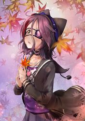  1girl animal_hat autumn autumn_leaves blush brown_eyes eyepatch fang hat hayasaka_mirei highres idolmaster idolmaster_cinderella_girls jewelry leaf long_sleeves looking_at_viewer looking_up necklace open_mouth outdoors purple_hair school_uniform shimono_(utapre) short_hair skirt solo 