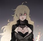  1girl ahoge angry black_eye blonde_hair blood blood_on_face breasts cleavage fire frown glowing glowing_eyes injury jacket jewelry kuroda_(nanchara_flight) long_hair looking_at_viewer necklace red_eyes rwby solo yang_xiao_long 