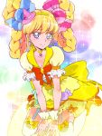  1girl asahina_mirai bow braid candy_hair_ornament choker cure_miracle earrings food_themed_hair_ornament frills hair_ornament hairband hat jewelry kneeling looking_at_viewer magical_girl mahou_girls_precure! mini_hat mini_witch_hat multicolored_background pink_hat precure puffy_sleeves red_bow shoes short_hair skirt smile solo sparkle thigh-highs thigh_strap tj-type1 topaz_style violet_eyes white_legwear witch_hat yellow_shoes yellow_skirt 