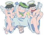  3boys angel angel_wings barefoot baseball_bat black_hair brothers crossed_legs halo laurel_crown matsuno_choromatsu matsuno_juushimatsu matsuno_karamatsu multiple_boys osomatsu-kun osomatsu-san outsuki sandals siblings simple_background sitting wand white_background wings wrist_cuffs 