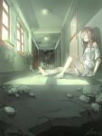  1girl artist_name bandage_on_face bandages barefoot broken_glass closed_eyes door glass hallway highres light lm_(linmiu39) long_hair off_shoulder on_floor original pink_hair plant rubble ruins shirt shorts signature silhouette sitting solo vines white_shirt window 