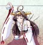  1girl ahoge arm_up brown_hair c: closed_eyes commentary_request cracked_wall cup decantering detached_sleeves double_bun hairband highres holding kantai_collection kongou_(kantai_collection) long_hair looking_at_viewer nontraditional_miko smile smug solo sparkle stuck teacup teapot tk8d32 