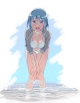  1girl :d bikini blue_eyes blue_hair breasts cleavage hands_on_own_knees hood hooded_jacket jacket jacket_over_swimsuit leaning_forward legs looking_at_viewer mahou_shoujo_madoka_magica miki_sayaka momoko_(palemon) open_mouth partially_submerged smile solo swimsuit water 